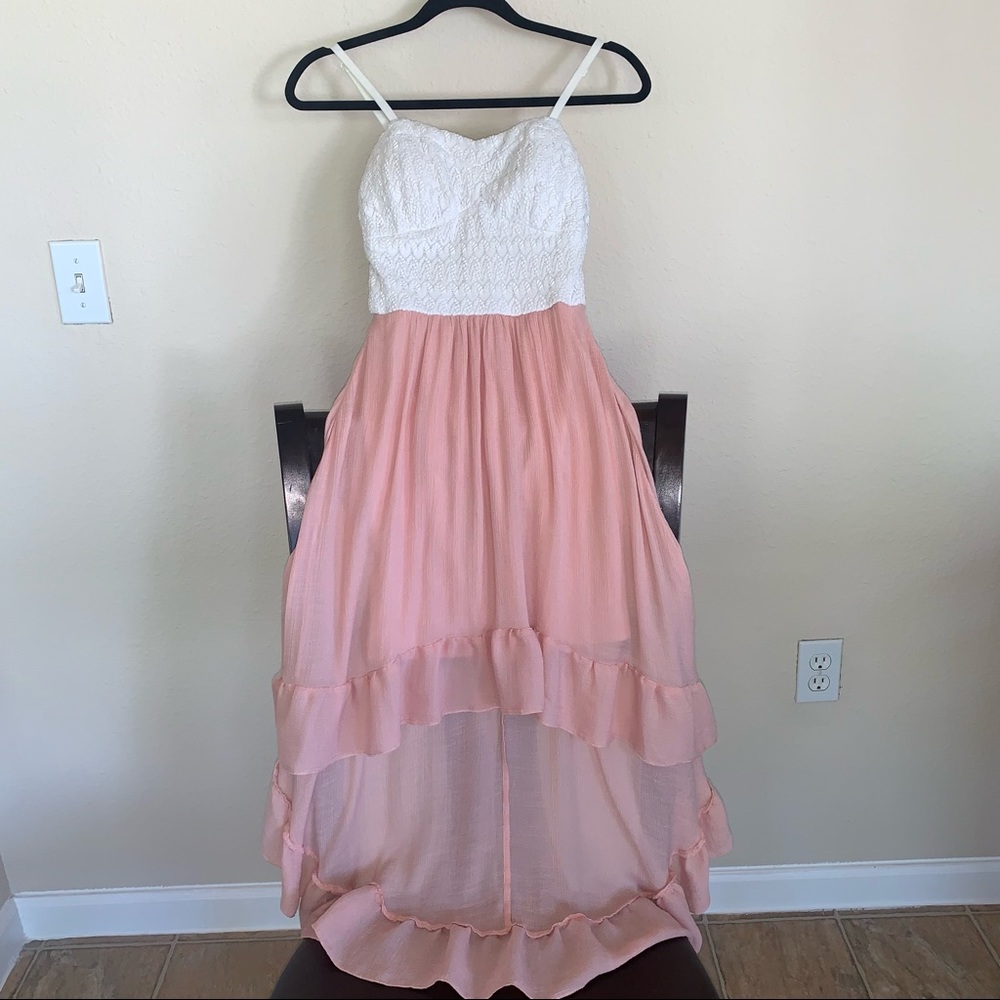 White & Blush Pink High-Low Spaghetti Strap Dress